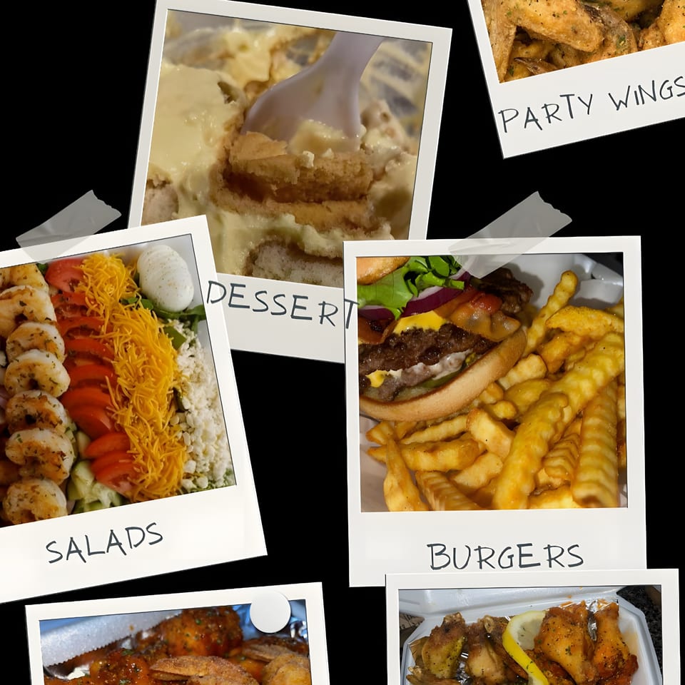 A collage of American dishes including banana pudding, party wings, shrimp salad, and a cheeseburger with fries.